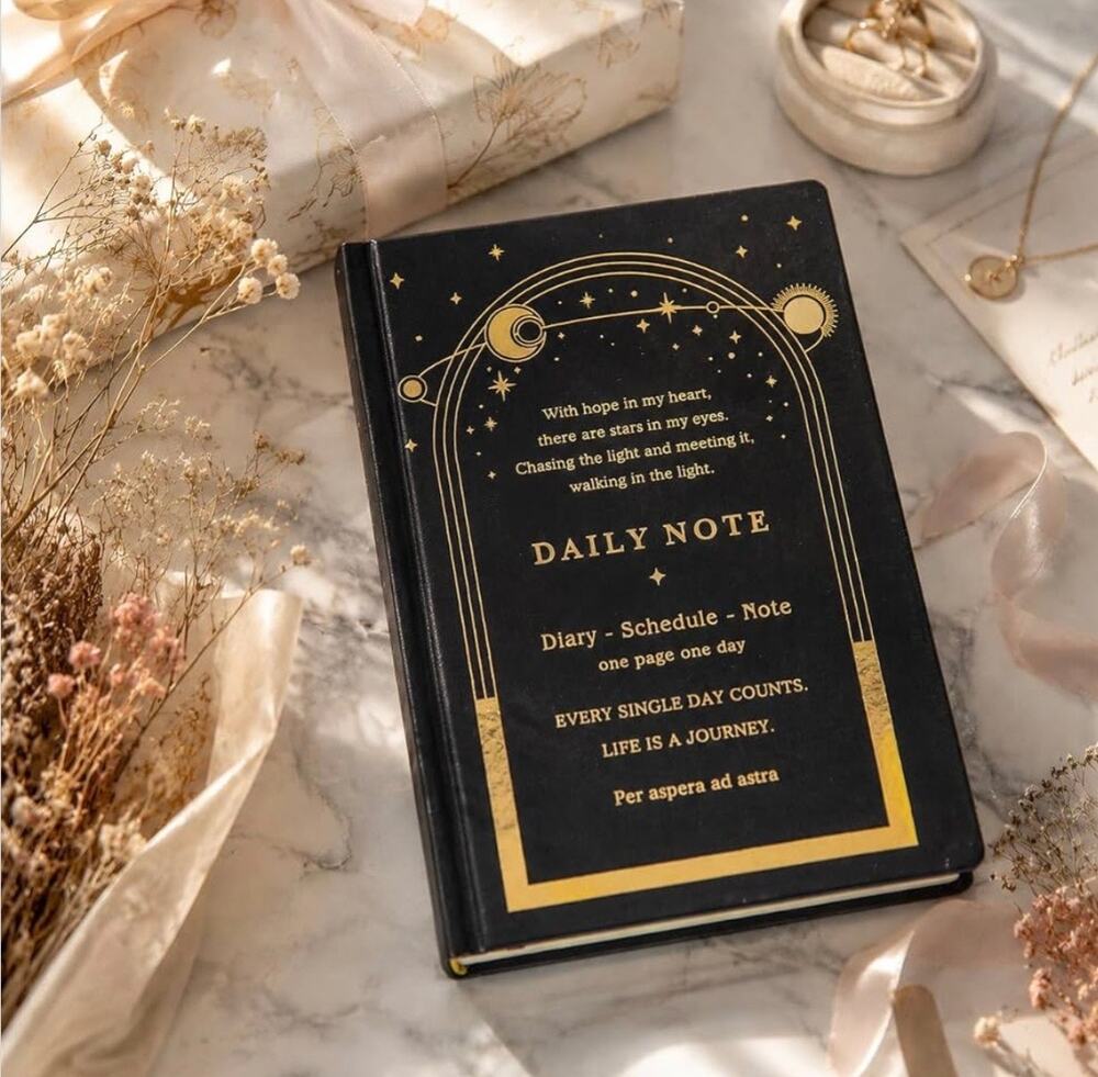 Undated Daily Planner A6 Black Gold Celestial Hourly Schedule Diary Goal Tracker